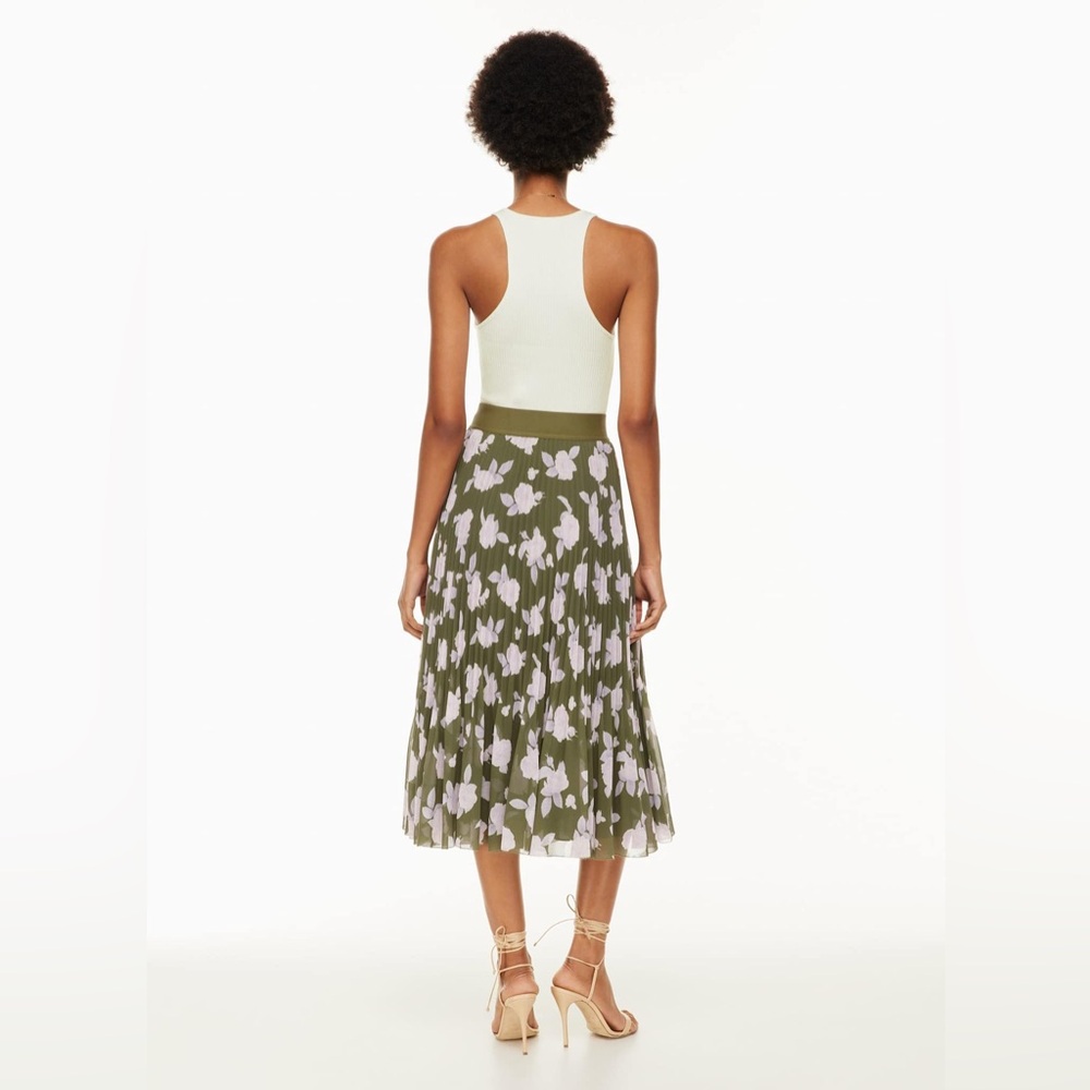 NWOT Wilfred Aritzia Twirl Skirt Olive Green Pink Floral Pleated Midi Skirt - Picture 5 of 10